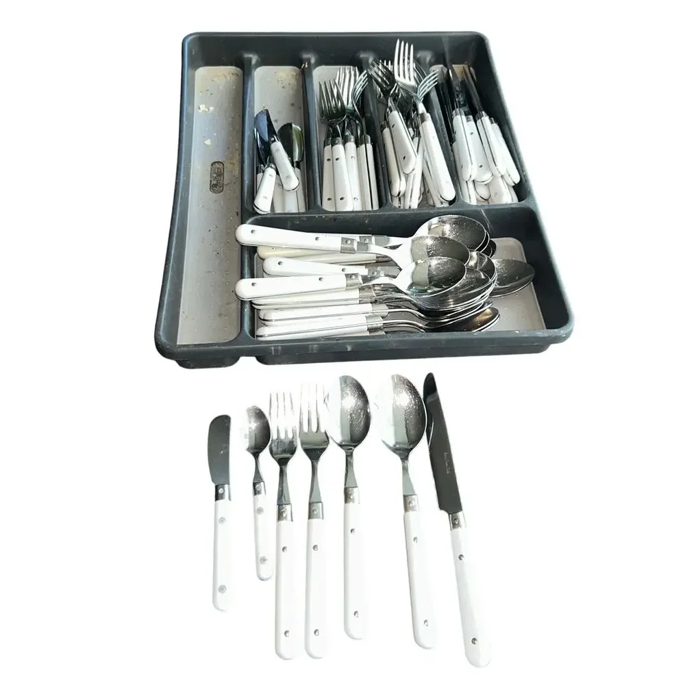 57 pieces vintage Eme Italy flatware set white handle stainless